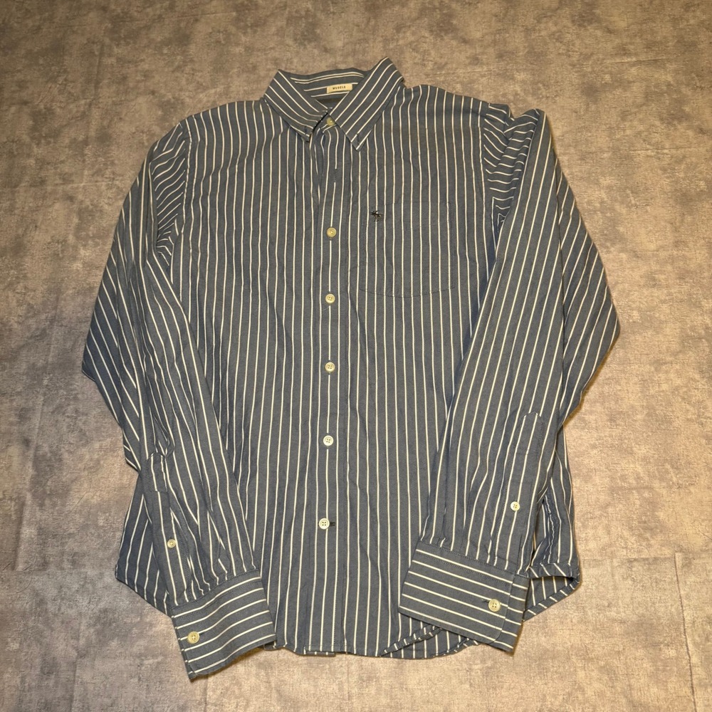 Abercrombie & Fitch Mens Muscle Fit Stripe Button Down Shirt Blue White Large